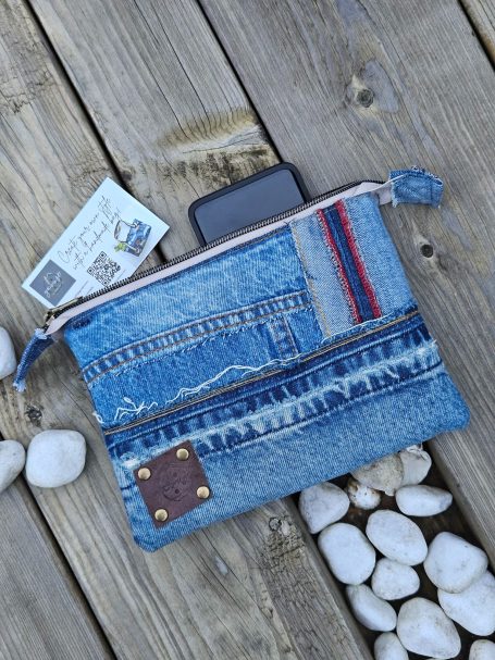 Upcycled denim zip pouch shown with cards and phone, small practical gift idea from Gabus81