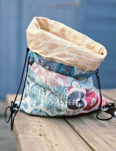 handmade drawstring bag with floral fabric
