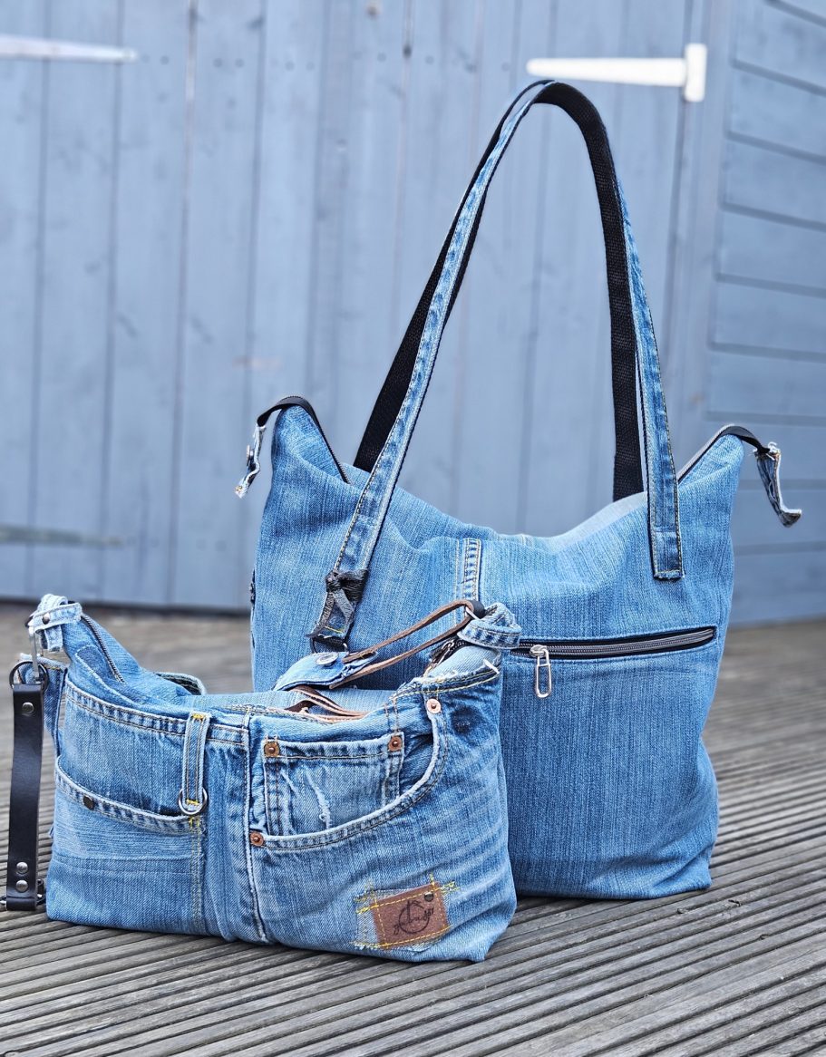 Two Denim Bags Made From One Pair of Jeans Two handmade denim bags made from one pair of reclaimed jeans, including a roomy tote bag and a smaller crossbody bag.