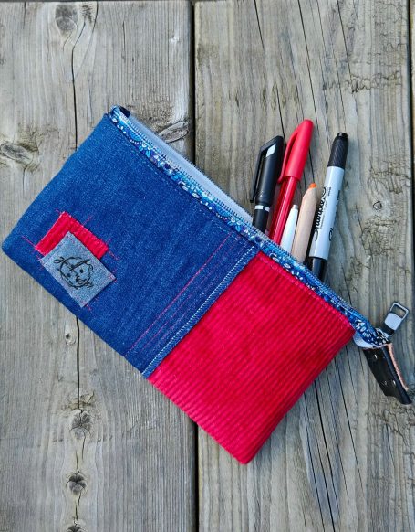 Blue and red denim zip pencil case with pens, practical pouch for work bag or desk