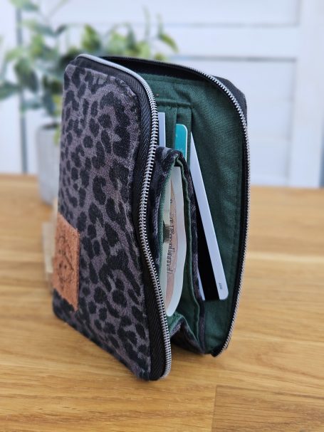 Animal print zip wallet open with cards and cash inside, compact everyday wallet by Gabus81