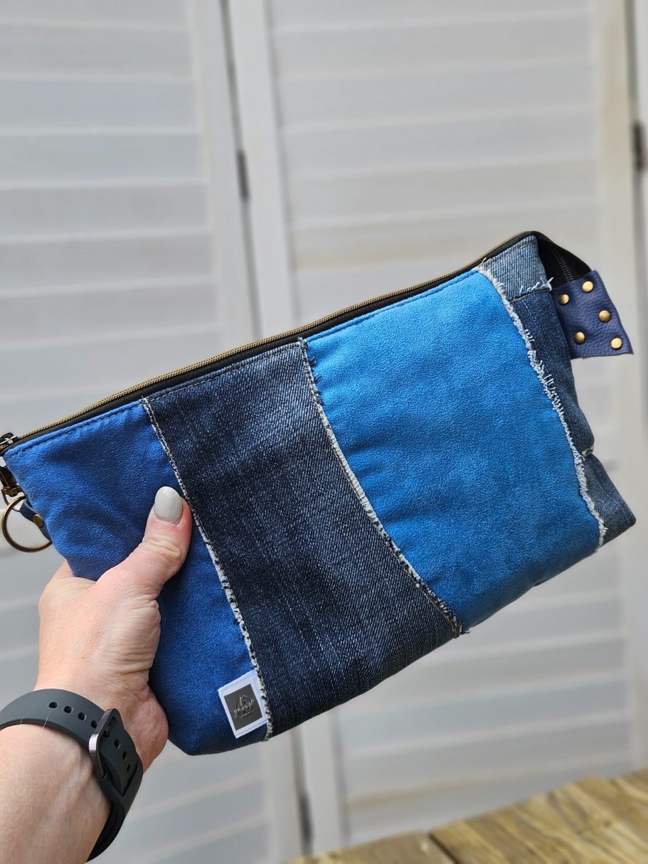 Patchwork Denim Blue and Indigo handmade denim pouch showing patchwork fabric details