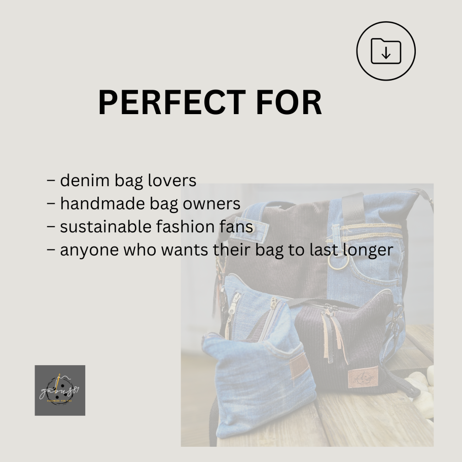 Text promoting a denim bag, highlighting its appeal to bag lovers and sustainable fashion fans.