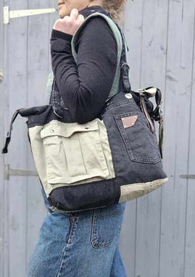 large upcycled denim tote bag with pockets