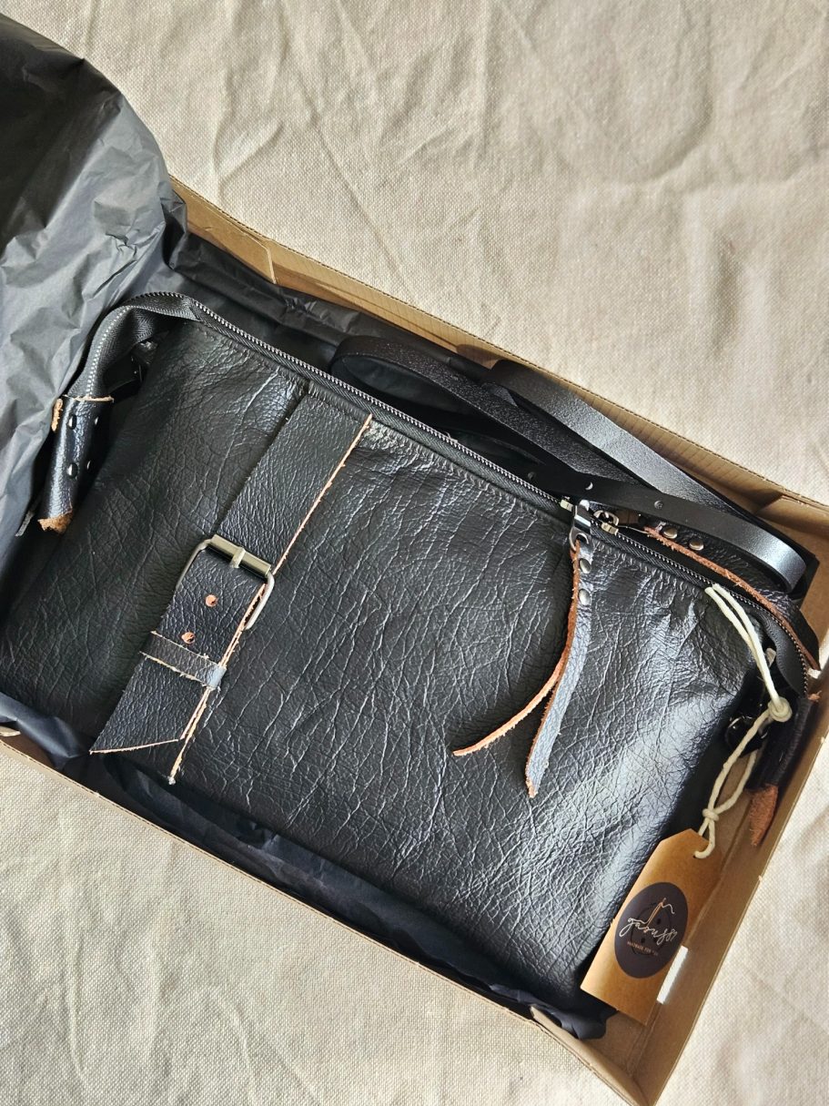 Ready for a New Home Handmade upcycled denim bag carefully packed before shipping from the Gabus81 studio.