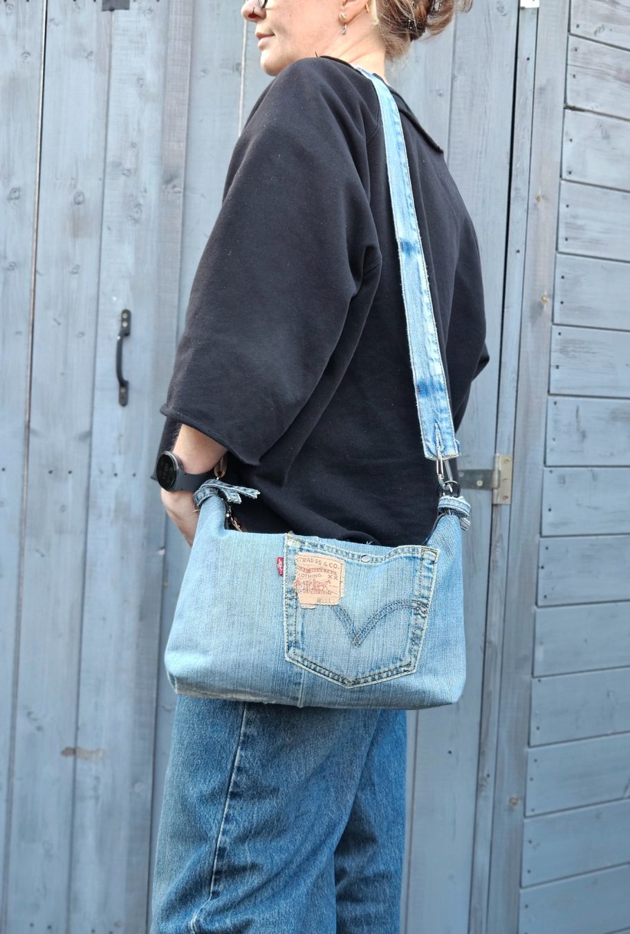 Denim Crossbody - SOLD Everyday denim crossbody bag worn on the hip with original jeans pocket, adjustable strap and reclaimed denim texture.
