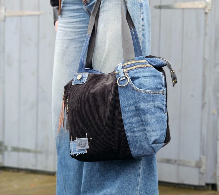 Blue and Black Denim Tote Bag